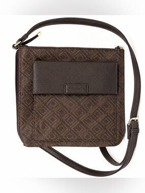 Liz Claiborne Brown Monogram Crossbody Purse Wallet Organizer Adjustable Strap